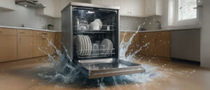 An open stainless steel dishwasher in a modern kitchen with dramatic water splashes visually represents the concept of "How Much Water Do Dishwashers Use?" in efficient cleaning.