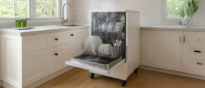 Portable dishwasher mid-cycle with steam and clean dishes, demonstrating How a Portable Dishwasher Works