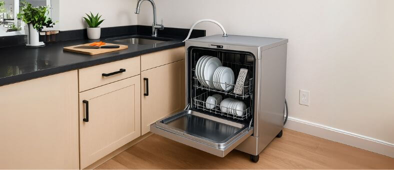 Portable dishwasher with clean dishes connected to a kitchen faucet in a compact, modern kitchen.
