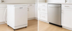 Side-by-side comparison of portable vs built-in dishwashers in a modern kitchen with white cabinets, illustrating the key differences in design, installation, and space usage for the topic Portable Vs Built-in Dishwashers.