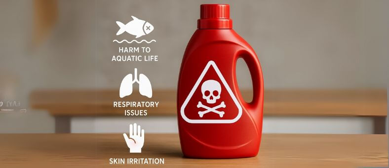 Red detergent bottle with a toxic warning symbol and overlay icons indicating harm to aquatic life, respiratory issues, and skin irritation, representing dangers of conventional dishwasher detergents.