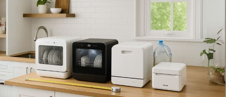Four different types of countertop dishwashers arranged on a kitchen counter, including traditional, premium LED, manual fill, and drawer-style models, illustrating types of countertop dishwasher.
