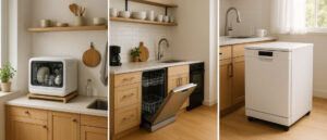 Three types of dishwashers displayed in modern kitchens, including a countertop model, a built-in unit, and a portable dishwasher, showcasing different options for various spaces and needs with the keyword types of dishwashers.