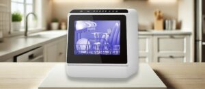 FIREGAS FGS-TDQR01 Dishwasher Review – Sleek countertop dishwasher with glowing interior and clean dishes loaded inside, placed in a modern kitchen setting.