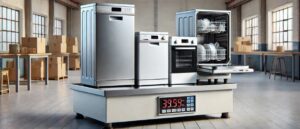The image is a visual representation of the topic "How heavy is a dishwasher." Four dishwashers of different heights and sizes are placed over a big weighing machine.