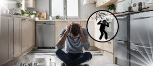 Man in kitchen distressed by Dishwasher Making Buzzing Noise, with symbolic noise illustration.