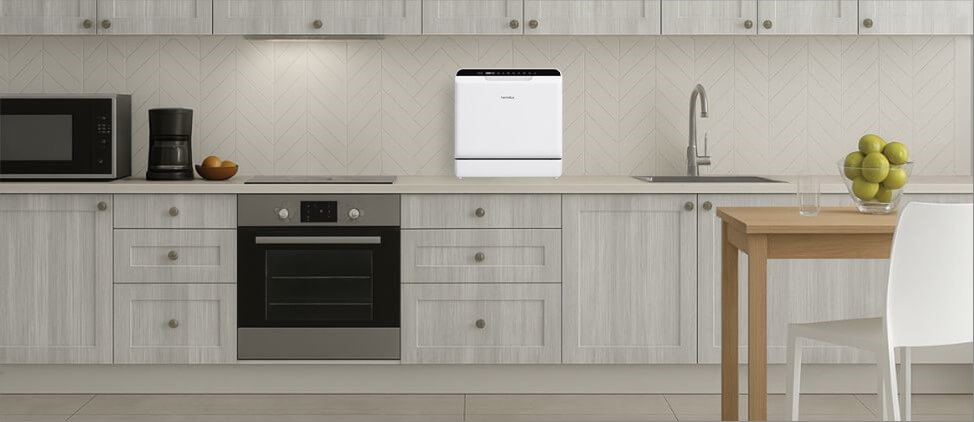 A kitchen image with Hermitlux HMX-TDJ04 dishwasher on the top of the kitchen counter, which is 3'0" from the floor. A man of 5'10" height and a woman of 5'5" height are present in the kitchen.