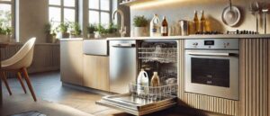 Visual representation of a well-maintained, shiny stainless steel dishwasher and cleaning supplies, illustrating How to Extend Dishwasher Life.