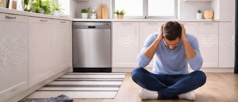 Dishwasher Making Buzzing Noise Dishwasher Making Buzzing Noise in a bright modern kitchen, with a built-in stainless steel dishwasher running in the background while a person sits on the floor covering their ears due to the loud sound.