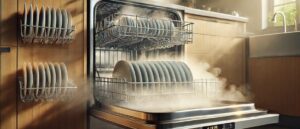 A sleek, modern stainless steel dishwasher shown from an angled perspective with its door open, releasing a gentle mist of steam from both the top and bottom racks. The racks are neatly arranged with clean dishes, and the kitchen setting features warm lighting and wooden cabinetry, creating a calm and inviting atmosphere. This image is the feature image and depicting the topic "Dishwasher Not Heating Water."