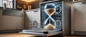 A modern dishwasher with a clock visually flowing out of it, symbolizing wasted time due to Dishwasher Running For Too Long in a sleek kitchen setting.