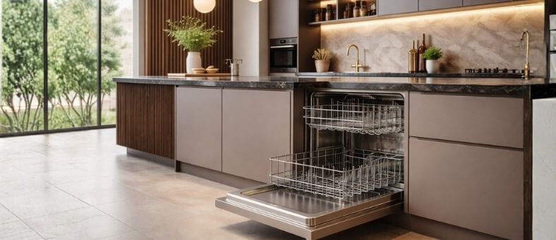 First Time Using a Dishwasher in a sleek modern kitchen with a built-in stainless steel dishwasher open and empty, integrated into taupe cabinetry with dark marble countertops and warm ambient lighting.