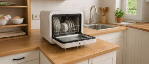 Countertop Dishwasher Not Draining with the door open and water overflowing onto a small kitchen counter, illustrating a common drainage issue.