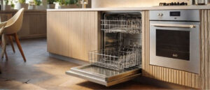 Visual representation of a well-maintained, shiny stainless steel dishwasher and cleaning supplies, illustrating How to Extend Dishwasher Life.