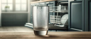 A high-resolution close-up of a glass with a cloudy haze and water spots, taken out of a dishwasher, with a softly blurred modern kitchen in the background, illustrating How to Prevent and Clean Cloudy Glasses.
