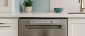Close-up view of dishwasher control panel clearly showing the Delay Start button, illustrating how to use Delay Start on a dishwasher