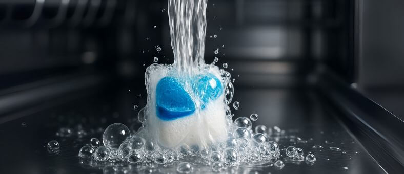 Close-up of a dishwasher pod dissolving under running water inside a stainless steel dishwasher, with bubbles forming around it to illustrate pod performance.