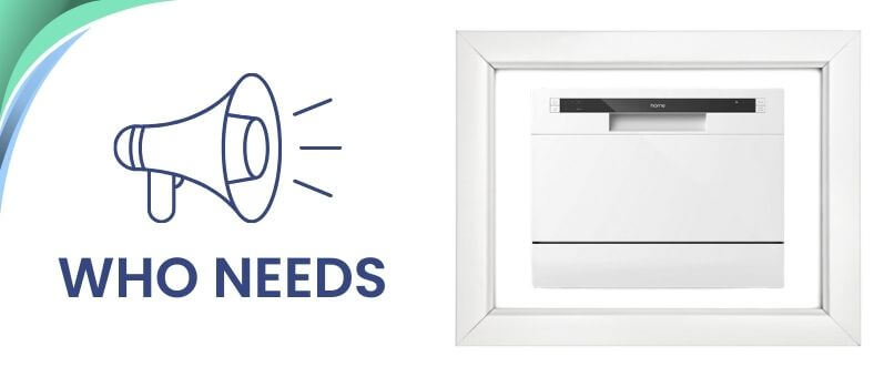 An image has a product picture on the right side and a speaker icon with the text "Who Needs" on the left. It is the image of the section "Who Needs hOmeLabs HME010033N Dishwasher."