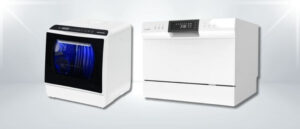 A featured image of the topic AIRMSEN AE-TDQR03 vs COMFEE ‎CDC22P2AWW Dishwasher Comparison, containing inmages of AIRMSEN AE-TDQR03 Dishwasher and COMFEE ‎CDC22P2AWW Dishwasher side by side.