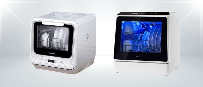 A featured image of the topic COMFEE CDC17P0AWW vs NOVETE TDQR01 Dishwasher Comparison, containing inmages of COMFEE CDC17P0AWW Dishwasher and NOVETE TDQR01 Dishwasher side by side.