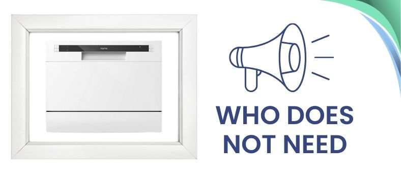 An image has a product picture on the left side and a speaker icon with the text "Who Does Not Need" on the right. It is the image of the section "Who Does Not Need hOmeLabs HME010033N Dishwasher.