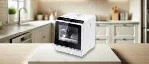 BLITZHOME BH-CDW1 Dishwasher Review image showing the countertop (tabletop / benchtop) dishwasher set up on a kitchen counter, drawing attention to its minimal footprint and user-friendly front panel.