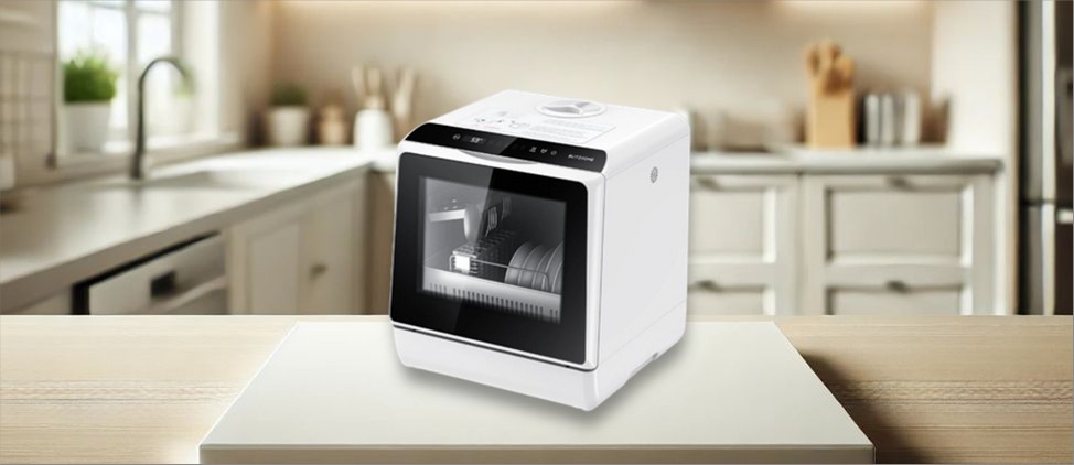 BLITZHOME BH-CDW1 Dishwasher Review image showing the countertop (tabletop / benchtop) dishwasher set up on a kitchen counter, drawing attention to its minimal footprint and user-friendly front panel.