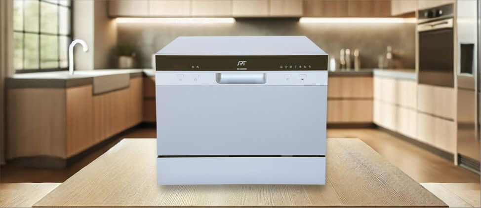 17_SPT SD-2224DSB dishwasher review In this SPT SD-2224DSB Dishwasher Review image, the countertop (compact / benchtop) dishwasher is displayed on a counter in a kitchen, showcasing its stylish appearance and practical placement for everyday use.