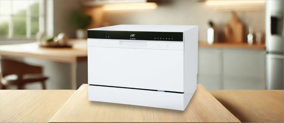 SPT SD-2224DW Dishwasher Review image showing the countertop (tabletop / benchtop) dishwasher set up on a kitchen counter, drawing attention to its minimal footprint and user-friendly front panel.