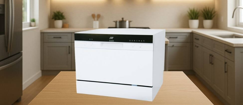 In this SPT SD-2224DWA Dishwasher Review image, the countertop (mini / benchtop) dishwasher is showcased in a kitchen setting, emphasizing its compact design and space-saving convenience.