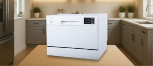 SPT SD-2225DW Dishwasher Review showing a compact white countertop dishwasher placed in a modern kitchen setting.