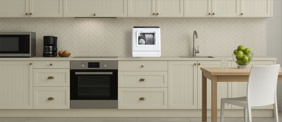 A size comparison graphic illustrating the Ecozy DW-CT200A dishwasher's dimensions in relation to a kitchen counter and standard human heights. The diagram provides a visual reference for users to gauge its compact form factor and placement in a typical kitchen setup.