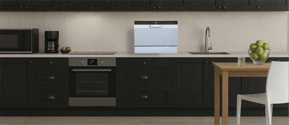 A kitchen image with SPT SD-2224DW dishwasher on the top of the kitchen counter, which is 3'0" from the floor. A man of 5'10" height and a woman of 5'5" height are present in the kitchen.