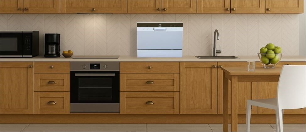 A kitchen image with SPT SD-2224DWB dishwasher on the top of the kitchen counter, which is 3'0" from the floor. A man of 5'10" height and a woman of 5'5" height are present in the kitchen.