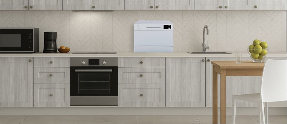 A size comparison graphic illustrating the SPT SD-2225DS dishwasher's dimensions in relation to a kitchen counter and standard human heights. The diagram provides a visual reference for users to gauge its compact form factor and placement in a typical kitchen setup.