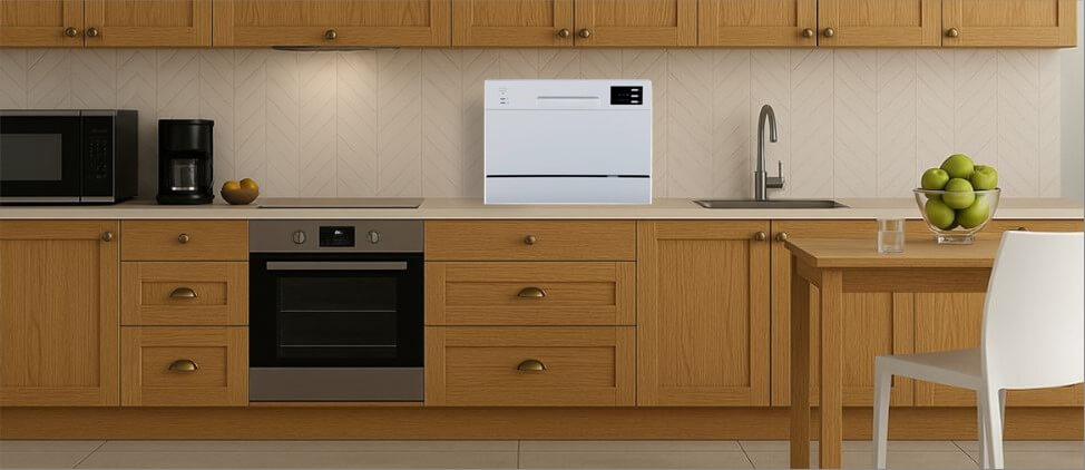 A kitchen image with SPT SD-2225DW dishwasher on the top of the kitchen counter, which is 3'0" from the floor. A man of 5'10" height and a woman of 5'5" height are present in the kitchen.