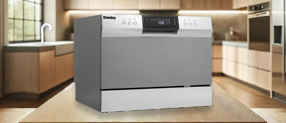Image showing the Danby DDW631SDB countertop (tabletop / benchtop) dishwasher set up on a kitchen counter, drawing attention to its minimal footprint and user-friendly front panel.