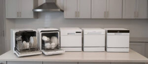 5 Best Countertop Dishwashers for Small Families displayed on a modern kitchen counter, showcasing compact design, space efficiency, and stylish finishes.