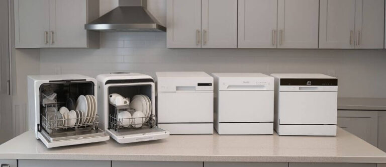5 Best Countertop Dishwashers for Small Families displayed on a modern kitchen counter, showcasing compact design, space efficiency, and stylish finishes.