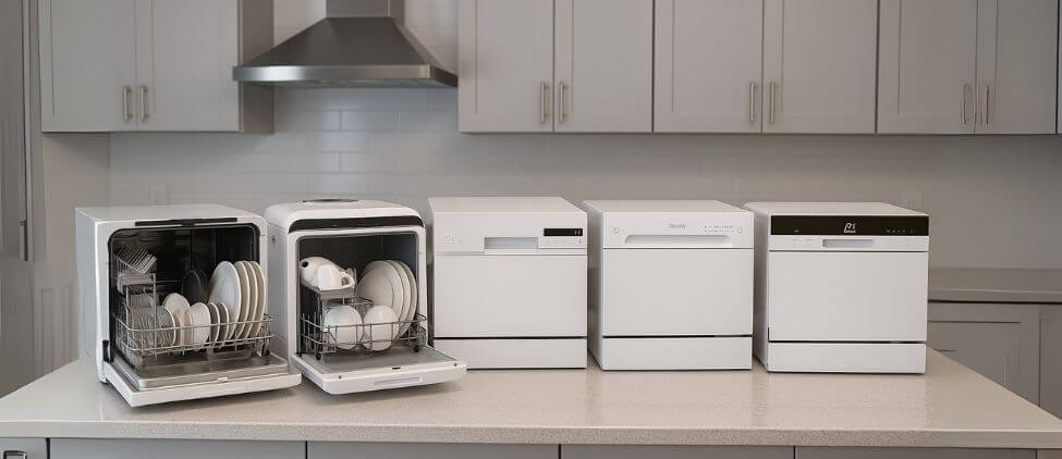 5 Best Countertop Dishwashers for Small Families displayed on a modern kitchen counter, showcasing compact design, space efficiency, and stylish finishes.