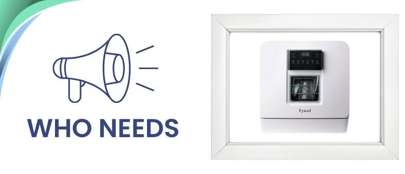 An image has a product picture on the right side and a speaker icon with the text "Who Needs" on the left. It is the image of the section "Who Needs Fywad ‎XJ01-1 Dishwasher."