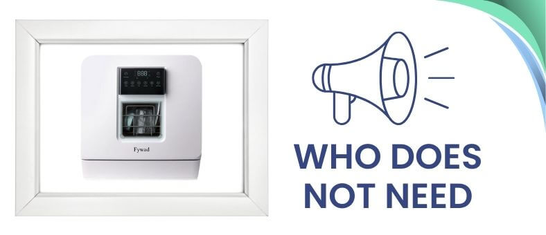 An image has a product picture on the left side and a speaker icon with the text "Who Does Not Need" on the right. It is the image of the section "Who Does Not Need Fywad ‎XJ01-1 Dishwasher.
