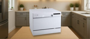 Feature image of EdgeStar DWP62WH Dishwasher Review: The image features a countertop (mini / compact) dishwasher placed on a kitchen counter, highlighting its sleek design and modern finish that fits well in small kitchens or apartments.