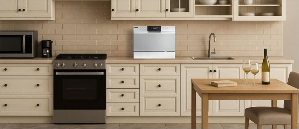 A visual size comparison chart displaying theDanby DDW631SDB dishwasher alongside a standard kitchen counter and average human heights. The graphic helps users understand its compact dimensions and how it fits within a regular kitchen environment.
