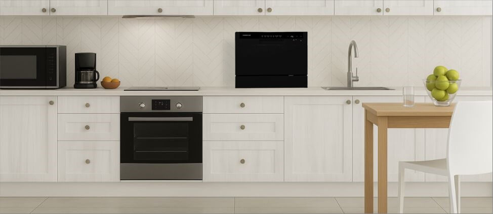 An informative graphic comparing the Farberware FCD06ABBBKA dishwasher's size to common kitchen counters and human height references. This visual aid provides a clear sense of scale, highlighting its compact footprint and suitability for tight kitchen spaces.