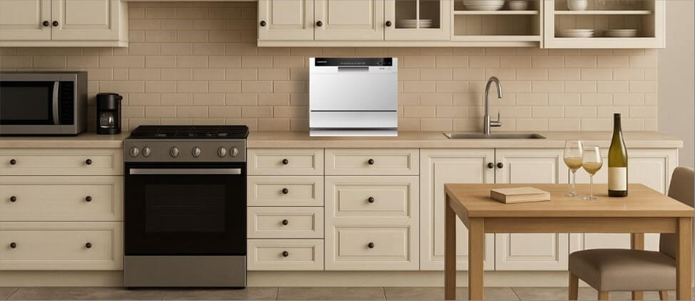 A size comparison graphic illustrating the Farberware FCD06ABBWHA dishwasher's dimensions in relation to a kitchen counter and standard human heights. The diagram provides a visual reference for users to gauge its compact form factor and placement in a typical kitchen setup.