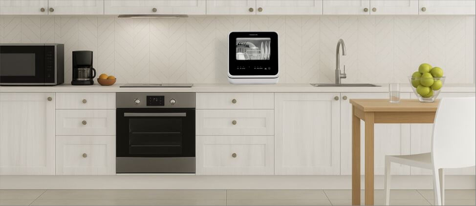 A size comparison graphic illustrating the Farberware FDW05ASBWHA dishwasher's dimensions in relation to a kitchen counter and standard human heights. The diagram provides a visual reference for users to gauge its compact form factor and placement in a typical kitchen setup.