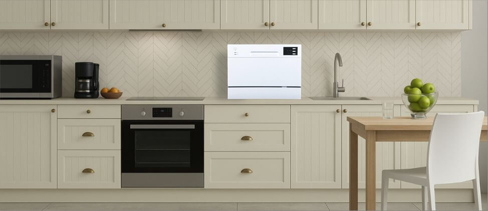 A size comparison graphic illustrating the SPT SD-2225DWA dishwasher's dimensions in relation to a kitchen counter and standard human heights. The diagram provides a visual reference for users to gauge its compact form factor and placement in a typical kitchen setup.