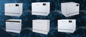 Top 6 SPT Countertop Dishwashers, each featuring different control panels and sleek designs, illustrating a range of compact and powerful models.
