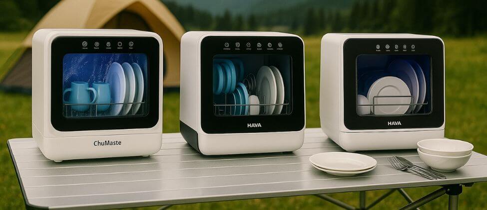 6 Best Countertop Dishwashers For Camping set up on a foldable table outside a tent in the mountains, showing compact portable dishwashers with sparkling clean plates and bowls, perfect for outdoor convenience.
